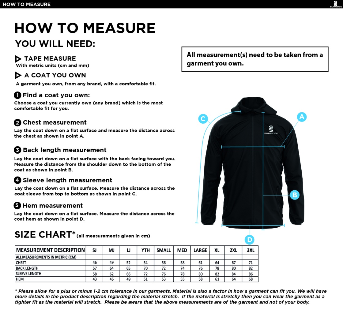 HORNCHURCH CC Dual Elite 1/4 Zip Hoody / Rain Jacket : Black - Size Guide