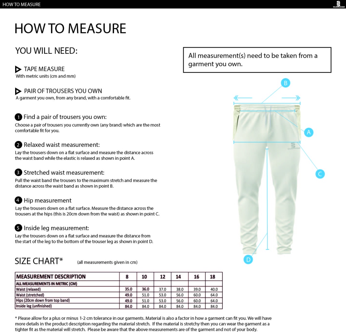 HORNCHURCH CC Ergo Playing Women`s Pant - Size Guide