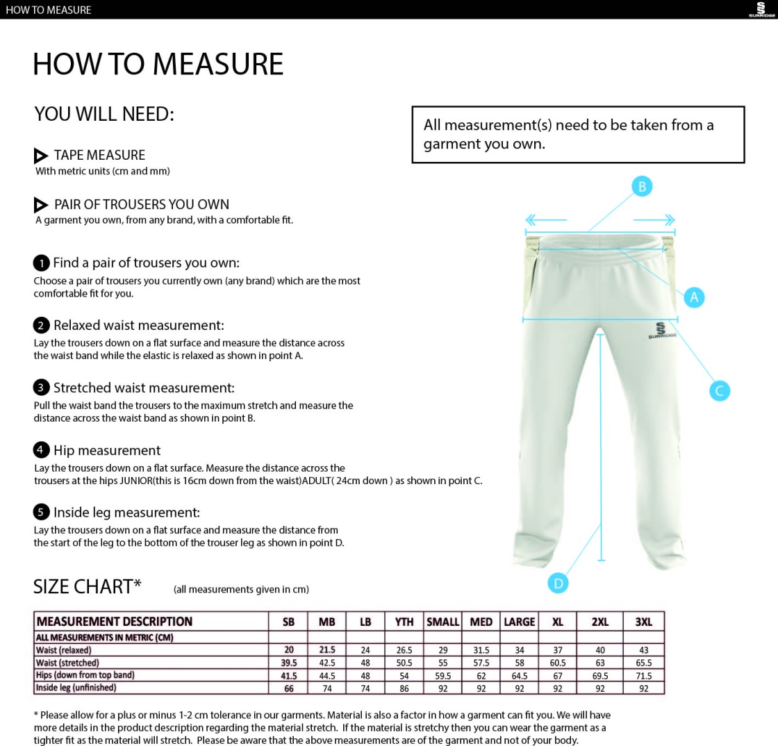 Hornchurch CC - Standard Playing Pant - Size Guide