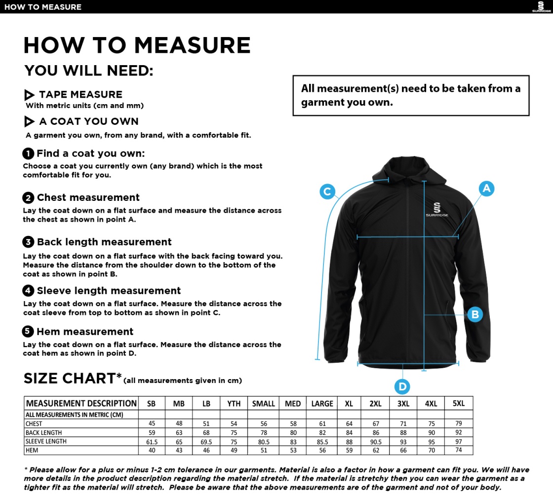 Hornchurch CC - Training Jacket - Size Guide