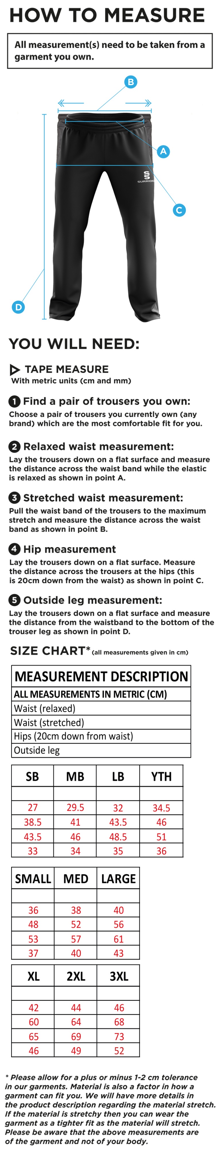 HORNCHURCH CC Rip Stop Track Pant : Black - Size Guide