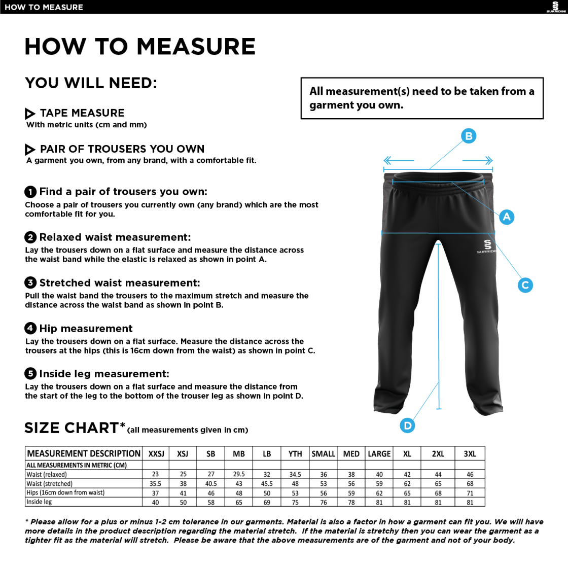 HORNCHURCH CC Classic Tracksuit Pant With Thigh Length Zip Black Mens - Size Guide