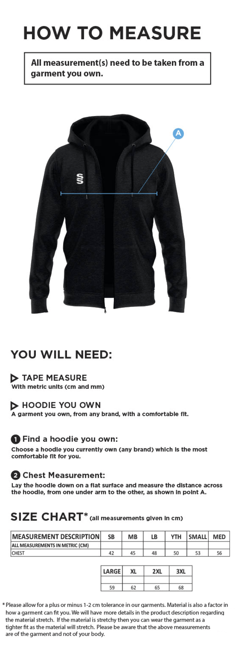 Hornchurch CC - Dual Hoody - Size Guide