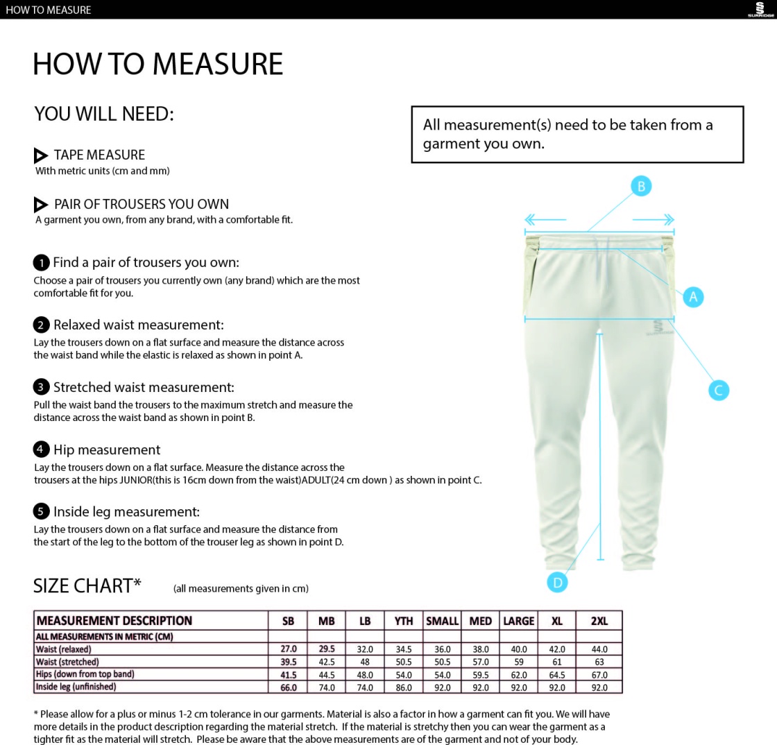 Hornchurch CC - Tek Playing Pant - Size Guide
