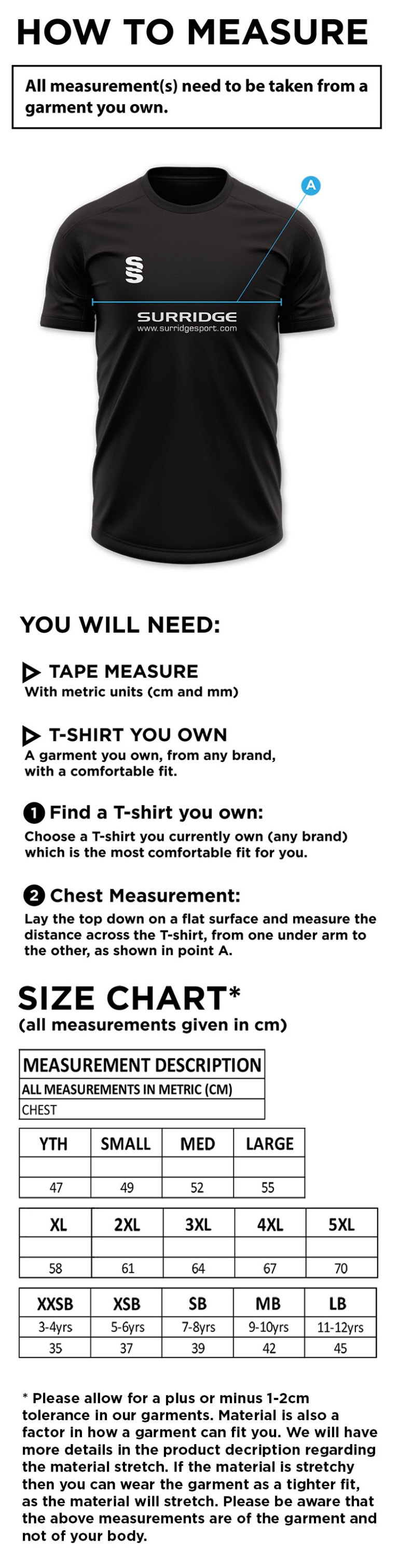 Hornchurch CC - Dual Training Shirt - Size Guide