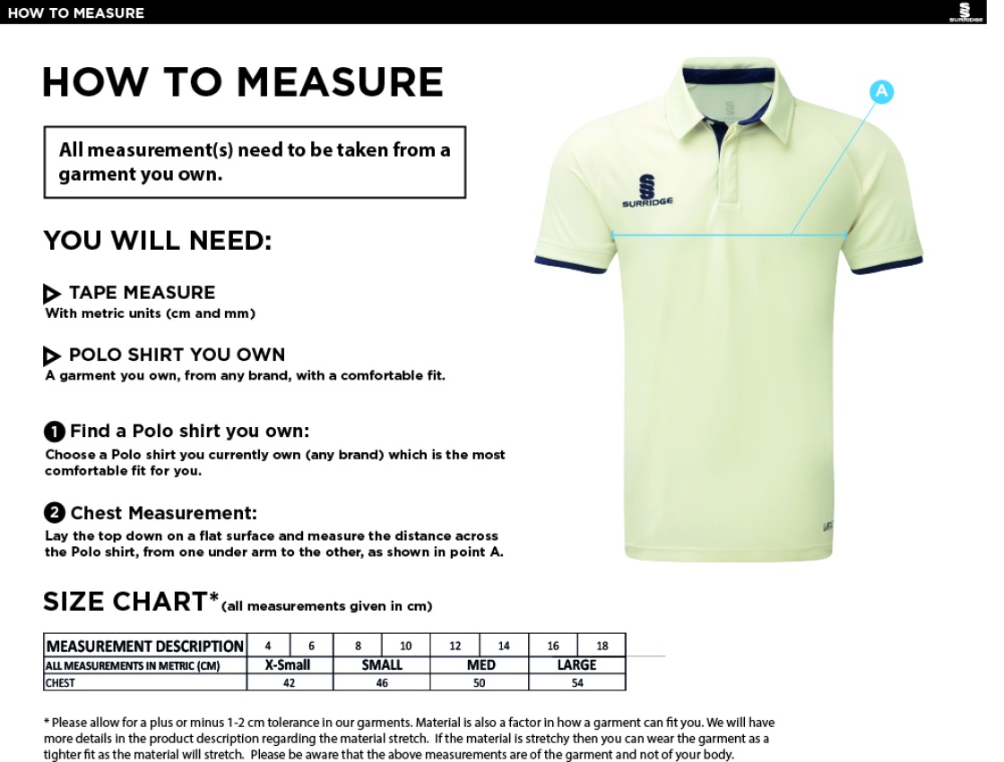 HORNCHURCH CC Dual Cricket Shirt Short Sleeve Womens - Size Guide