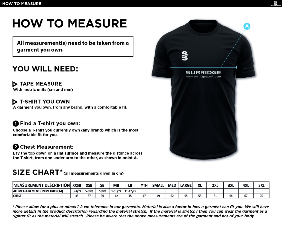Hornchurch CC - Dual Polo Shirt Black - Size Guide