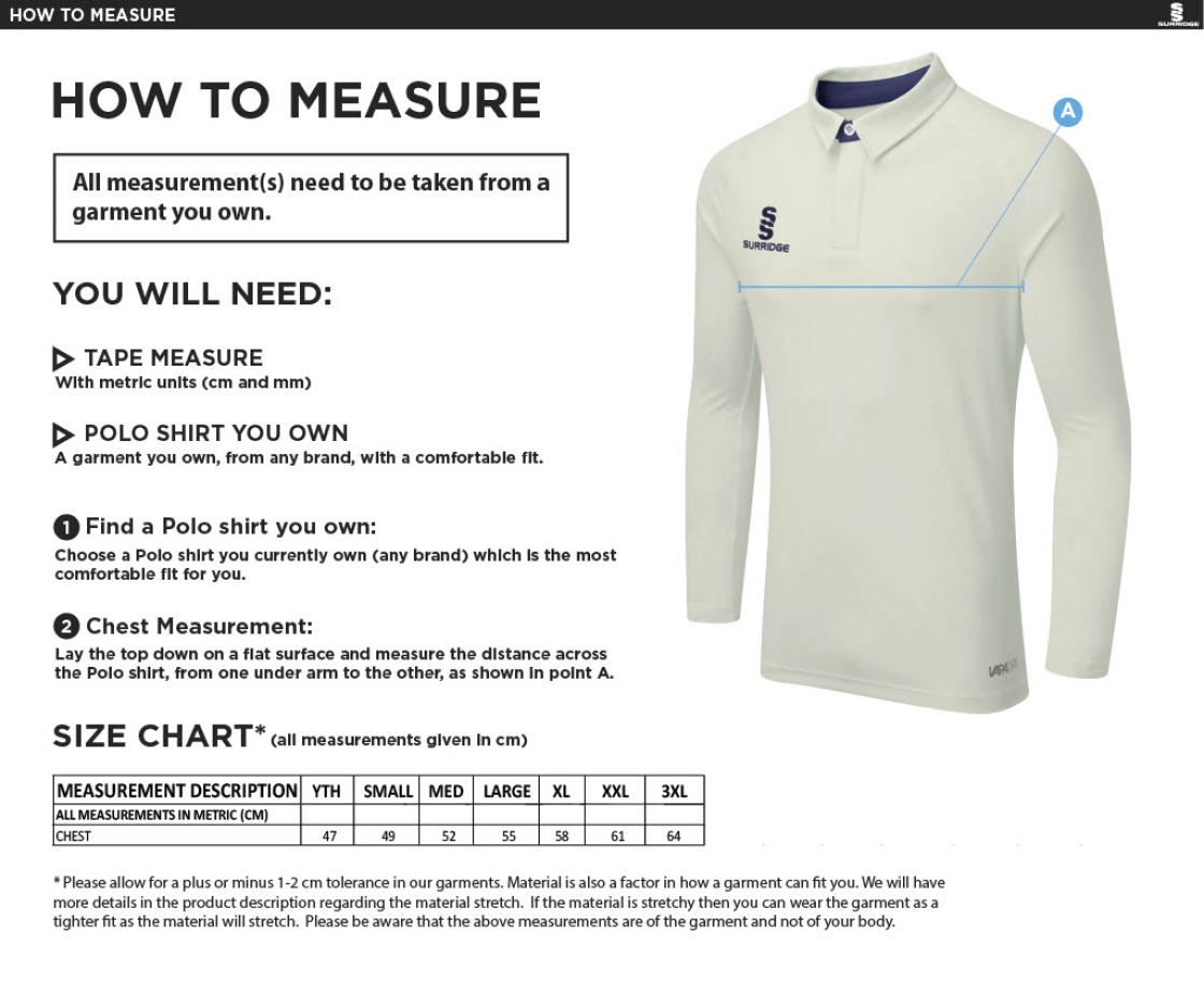 Hornchurch CC - Ergo Long Sleeve White Trim Shirt - Size Guide