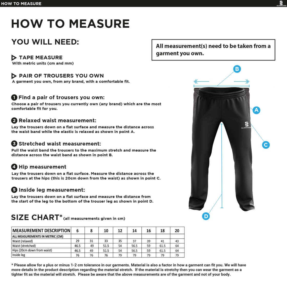 HORNCHURCH CC Classic Tracksuit Pant With Thigh Length Zip Black Female - Size Guide