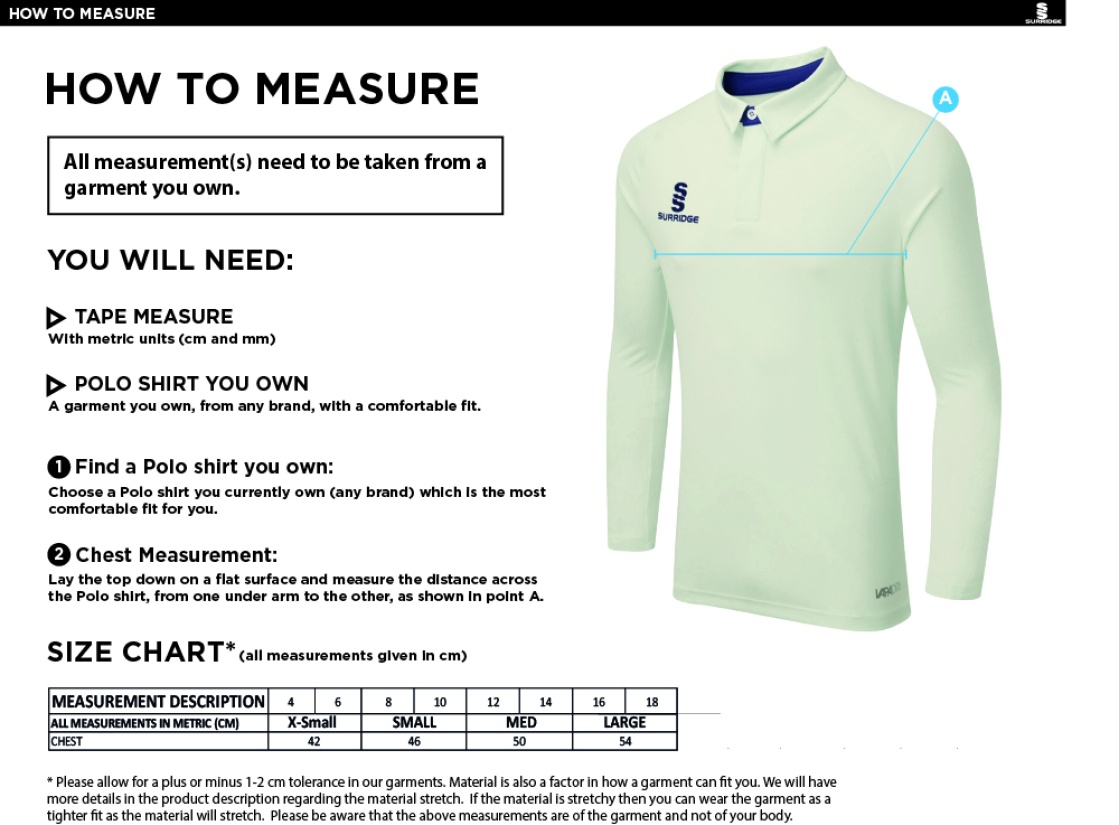 HORNCHURCH CC DUAL LONG SLEEVE CRICKET SHIRT (WOMENS)-Ivory - Size Guide