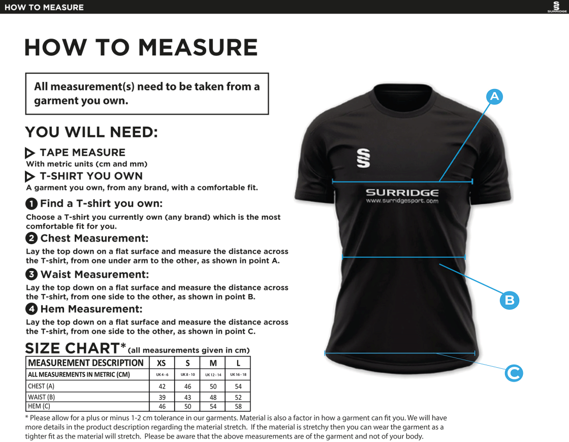 Hornchurch CC - Women's Dual Polo Shirt - Size Guide