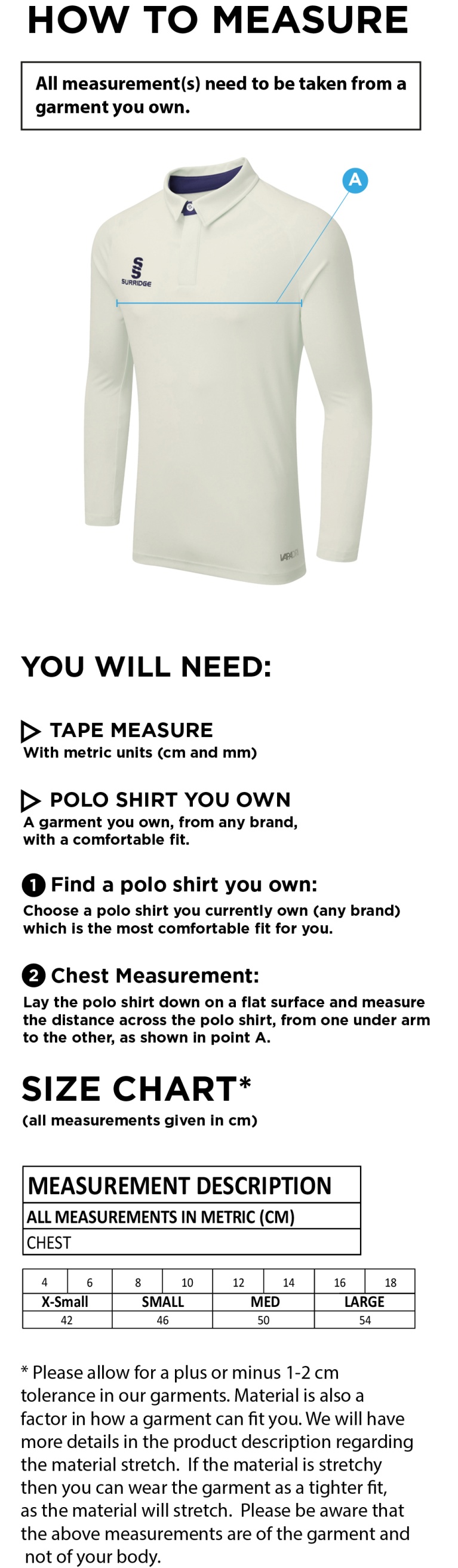 HORNCHURCH CC DUAL LONG SLEEVE CRICKET SHIRT (WOMENS)-Ivory - Size Guide