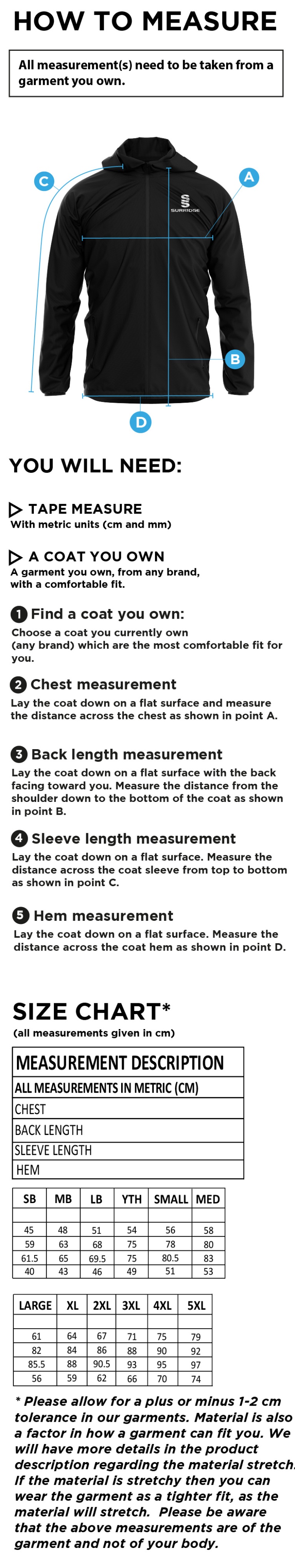 Hornchurch CC - Training Jacket - Size Guide