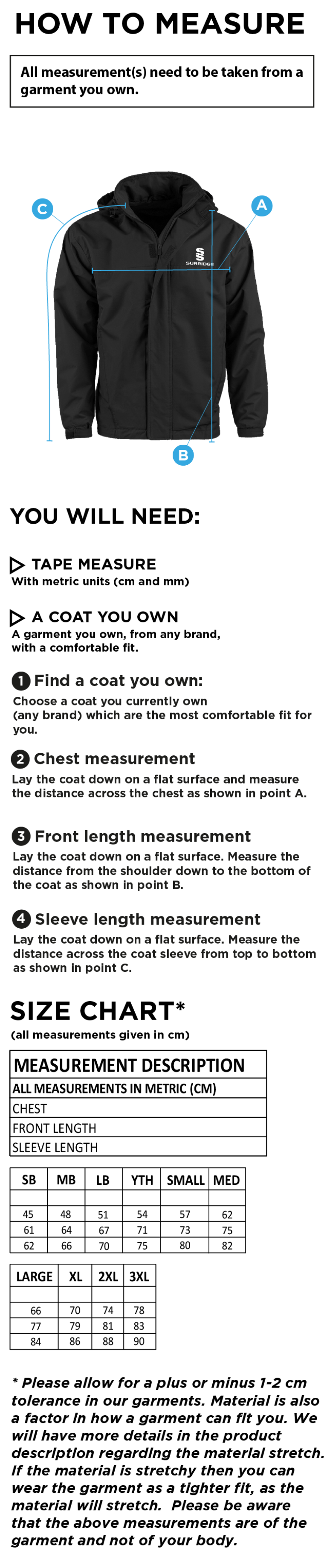 Hornchurch CC - Fleeced Line Jacket - Size Guide