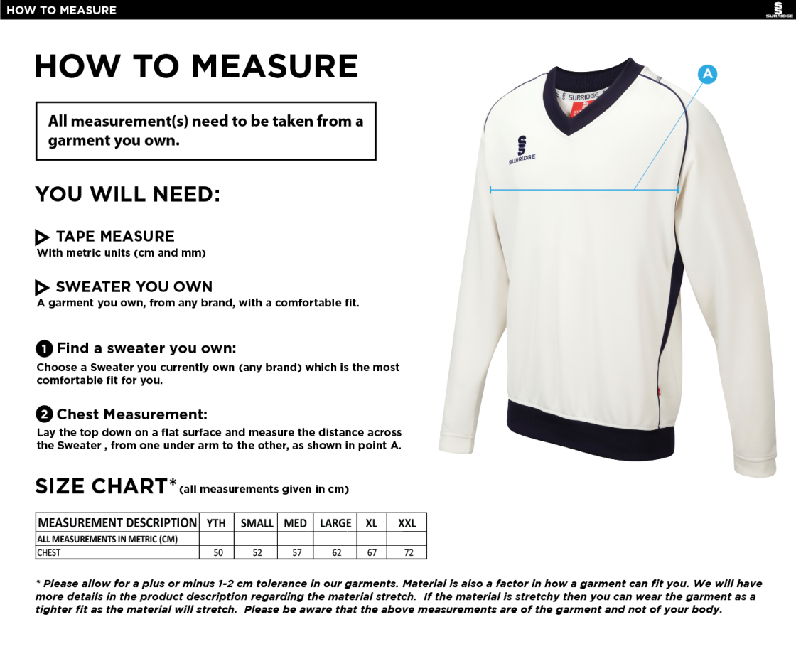 Hornchurch CC - Long Sleeve Sweater White Trim - Size Guide