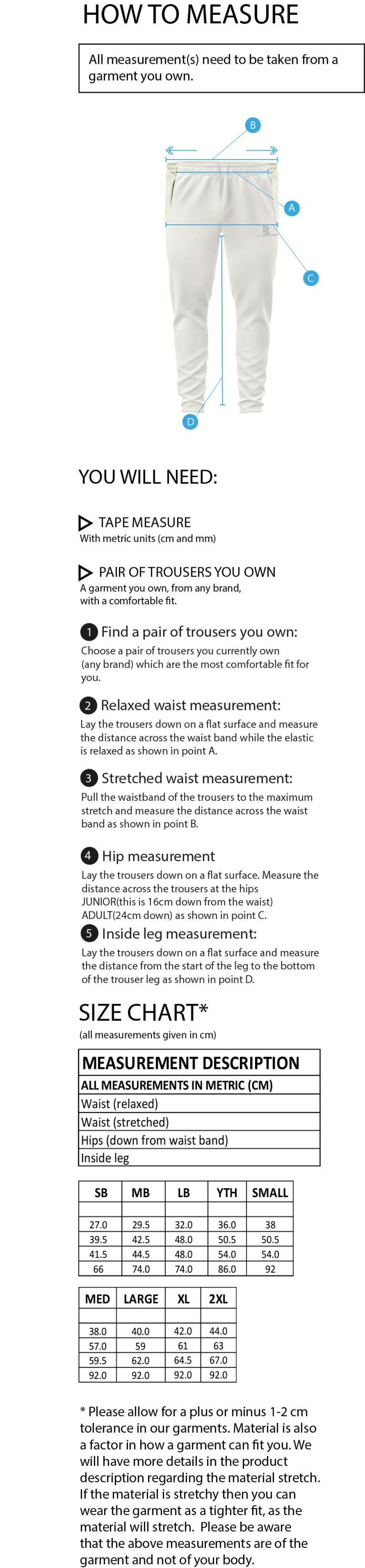 Hornchurch CC - Tek Playing Pant - Size Guide