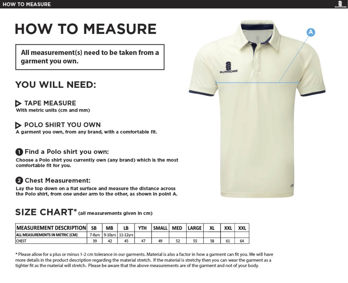Hornchurch CC - Ergo Short Sleeve White Trim Shirt - Size Guide