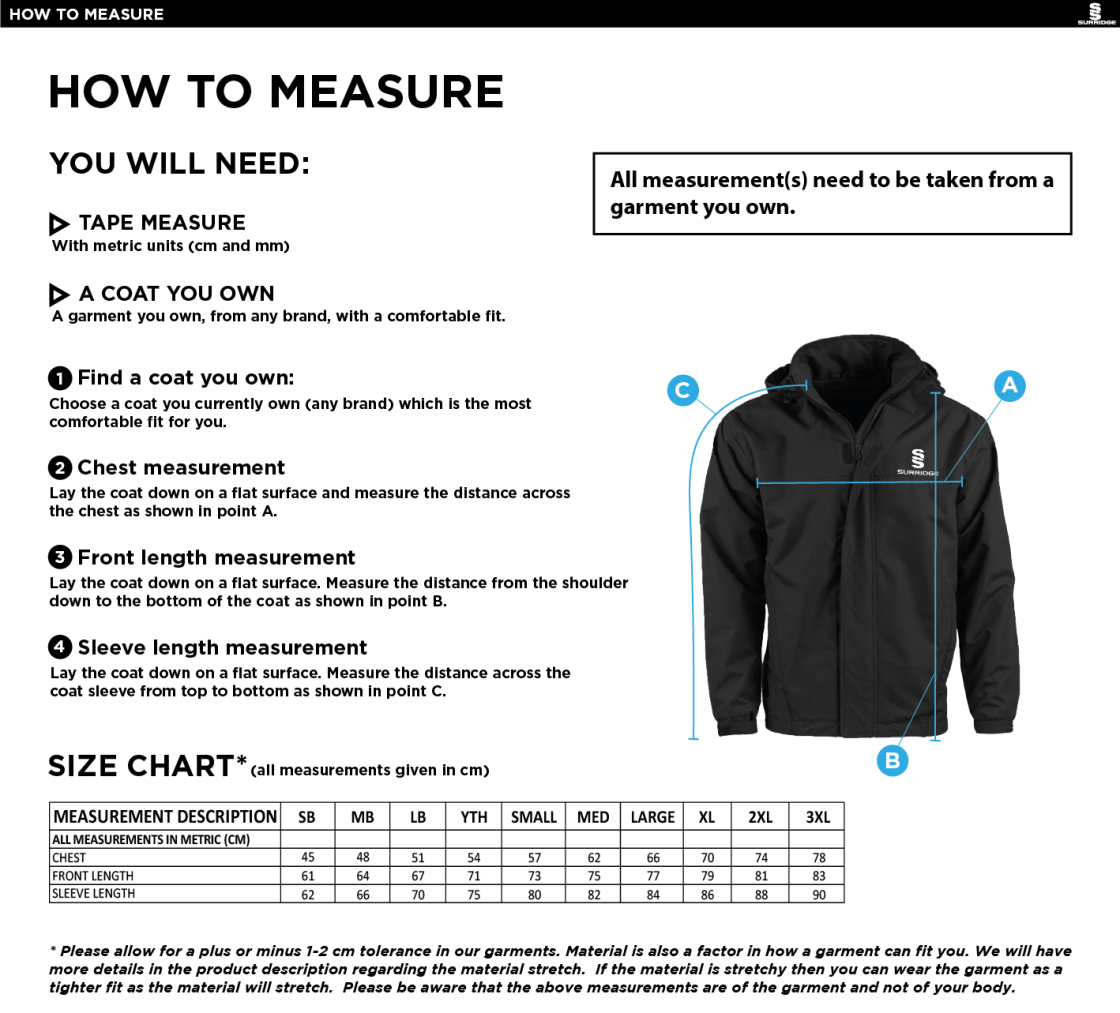 Hornchurch CC - Fleeced Line Jacket - Size Guide