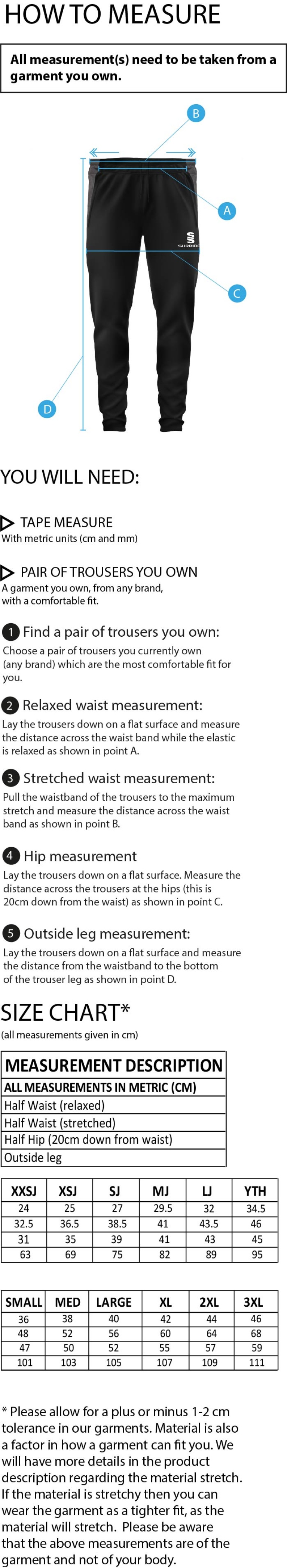 Hornchurch CC - Tek Slim Pant - Size Guide