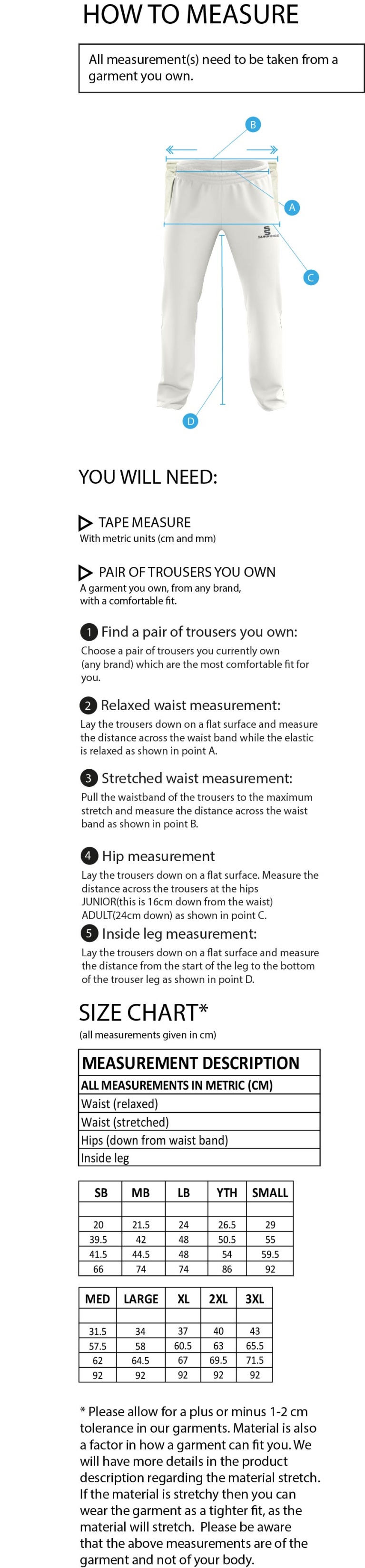 Hornchurch CC - Standard Playing Pant - Size Guide