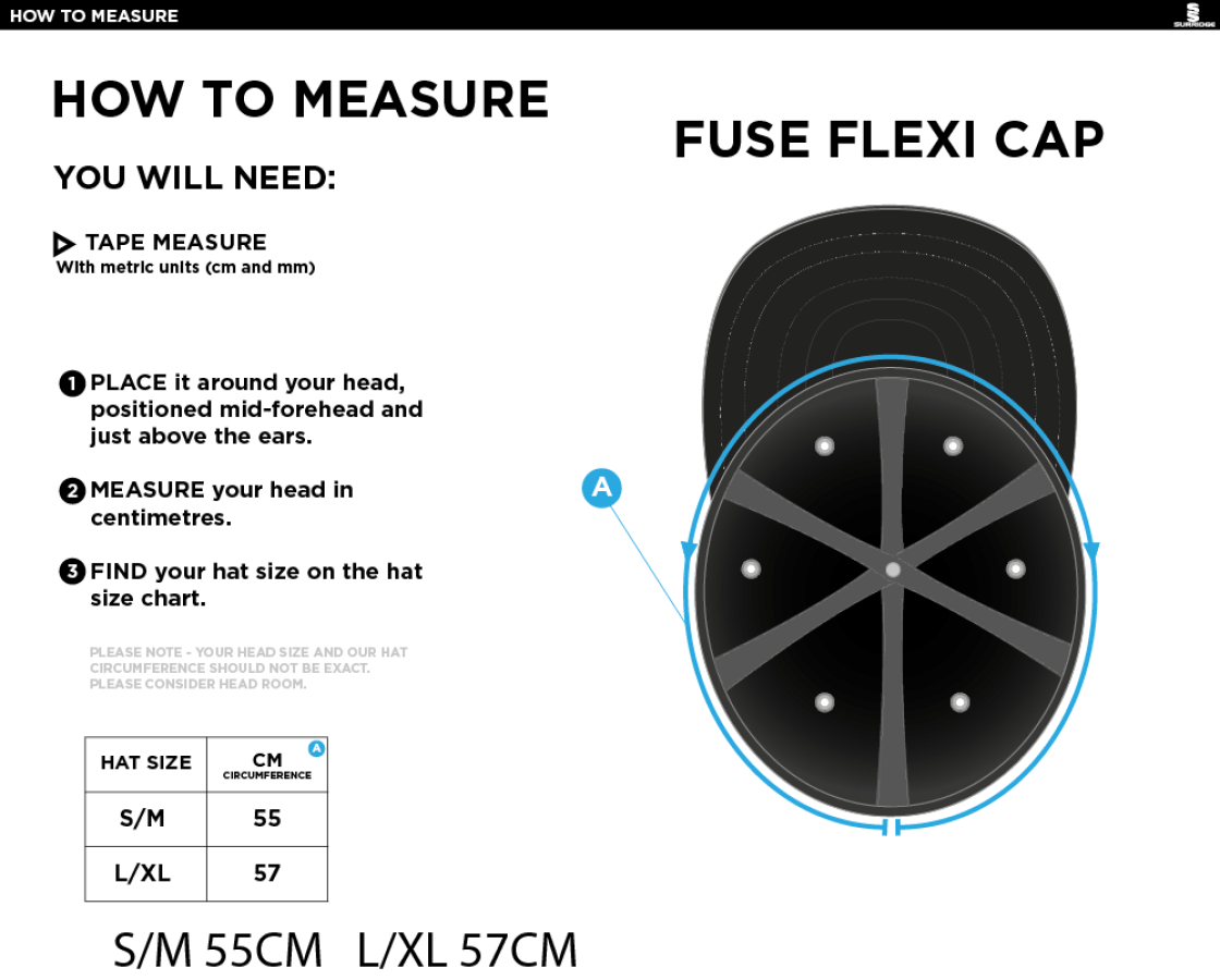 HORNCHURCH CC Fuse Flexi Cap - Black - Size Guide