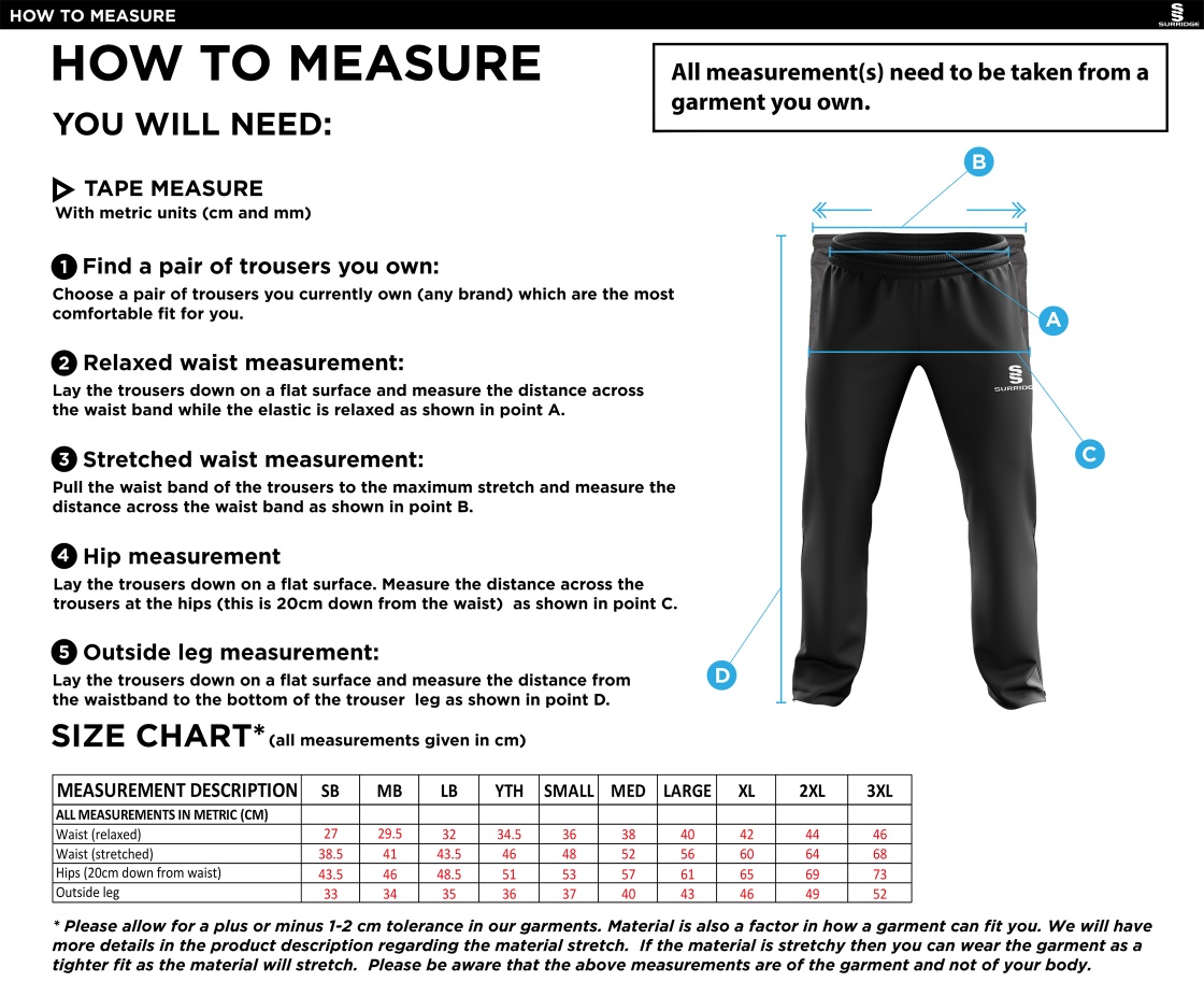 HORNCHURCH CC Rip Stop Track Pant : Black - Size Guide