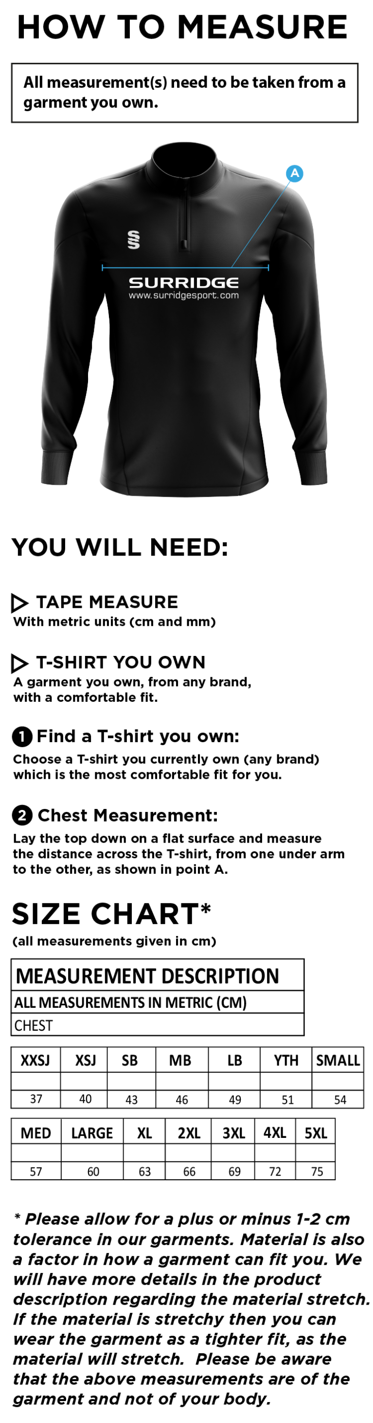 Hornchurch CC - Dual Mid-layer - Size Guide
