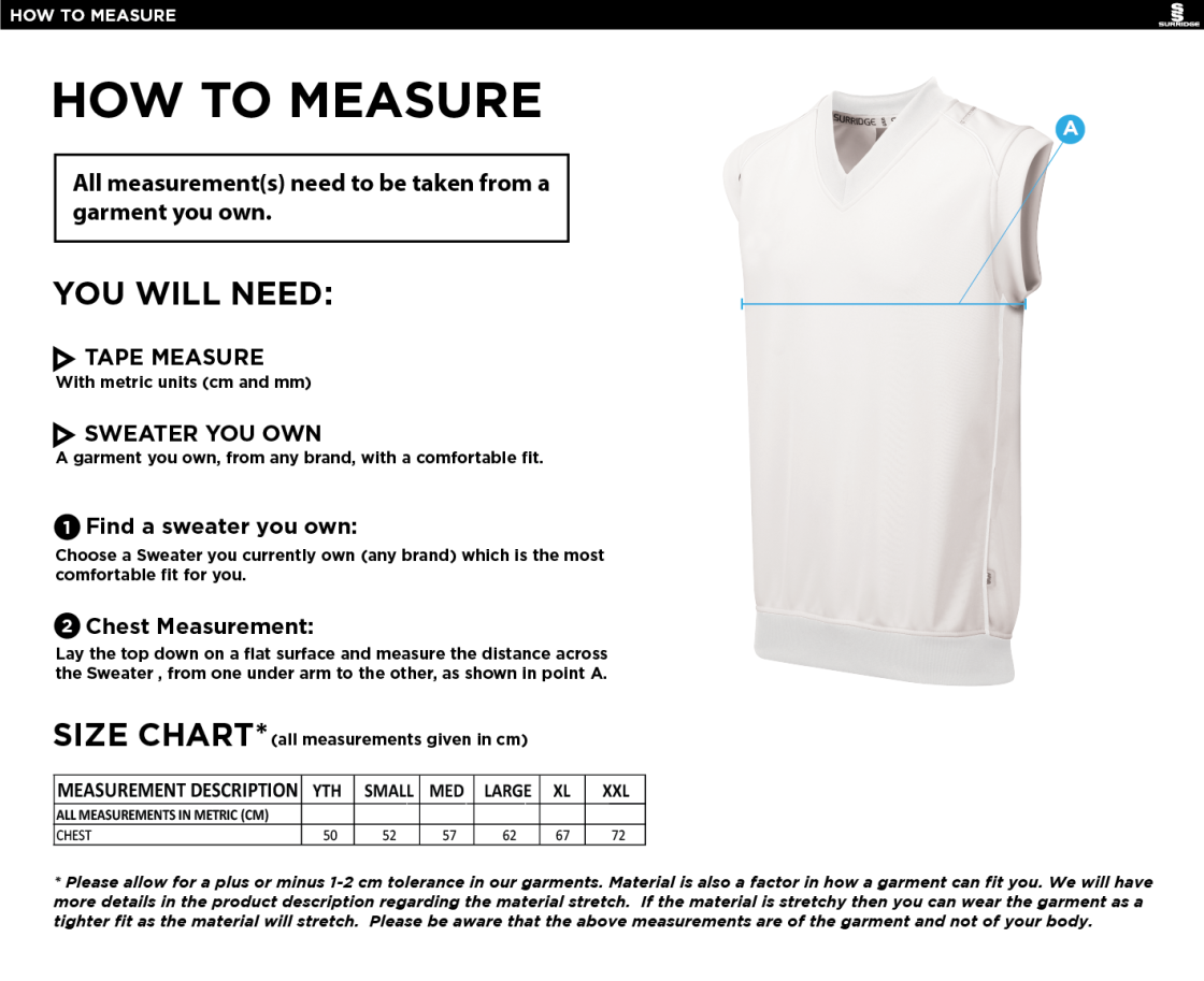 Hornchurch CC - Sleeveless Sweater White Trim - Size Guide